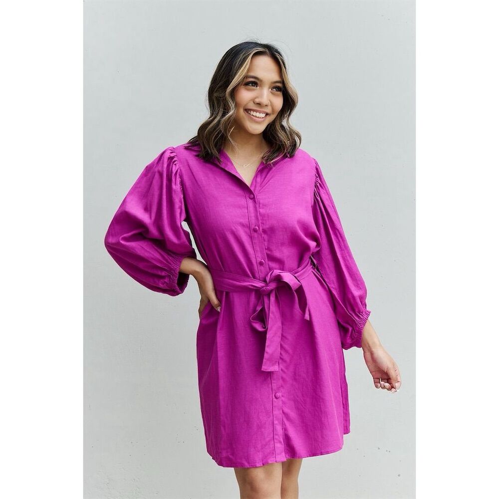 Jade By Jane Women's Magenta Belted Mini Dress Half Sleeve Collared Casual Party